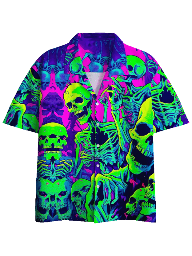 NEON SKELETON PARTY BUTTON UP POCKET SHIRT