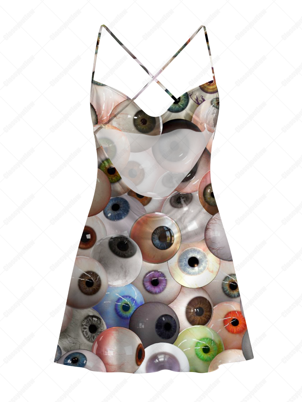 THOUSAND EYES VISION SATIN CROSS BACK MINI DRESS