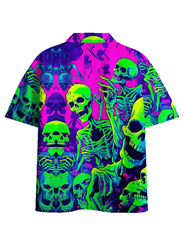 NEON SKELETON PARTY BUTTON UP POCKET SHIRT