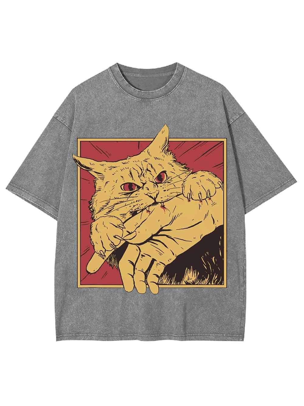 Defensive Cat with Stick Washed Tshirt