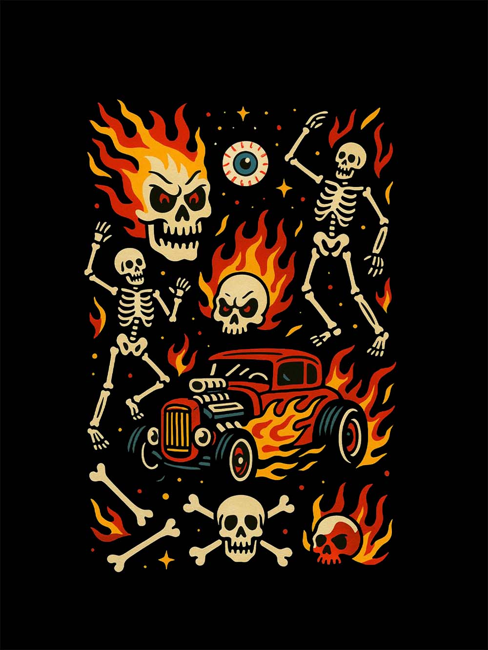 Flaming Skeleton Ride Washed Tshirt