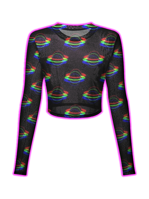 Glitchy Saturn Pattern Mesh Top