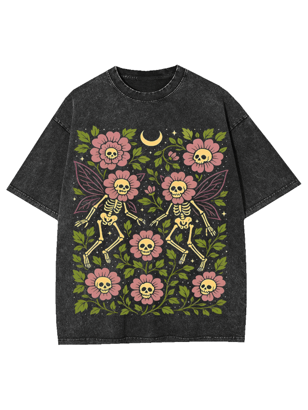 Dancing Skeleton Fairies Under the Moon Washed Tshirt