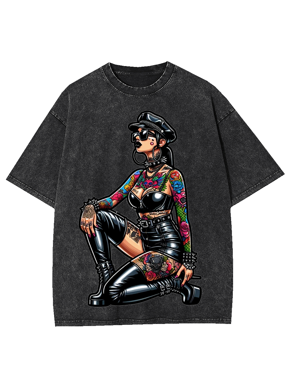 Pinup in Leather and Spikes Washed Tshirt