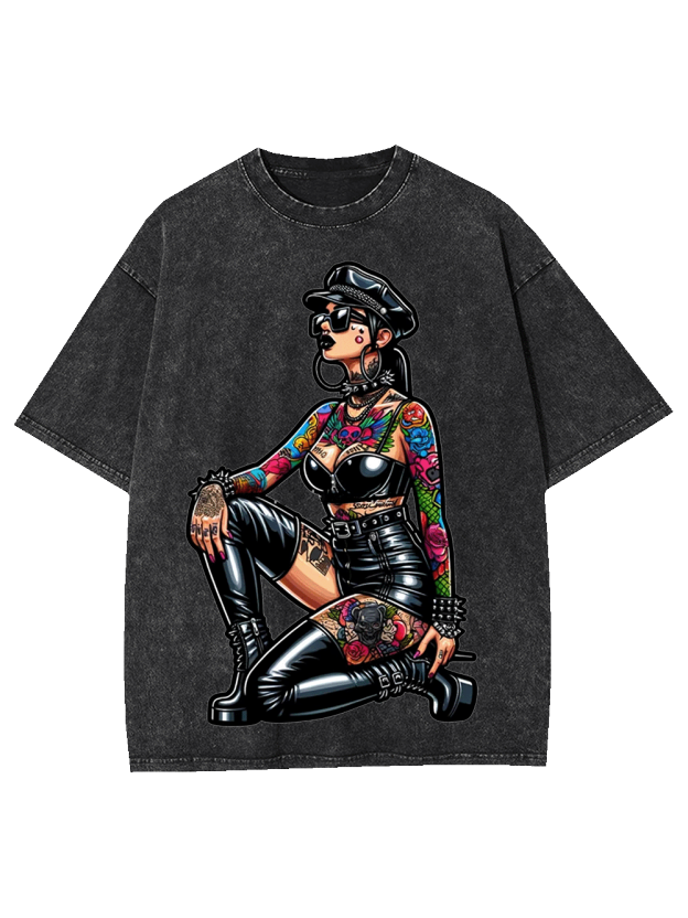 Pinup in Leather and Spikes Washed Tshirt
