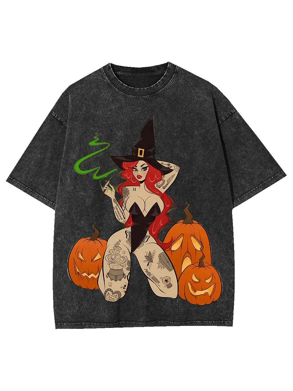 Tattooed Witch and Pumpkins Washed Tshirt