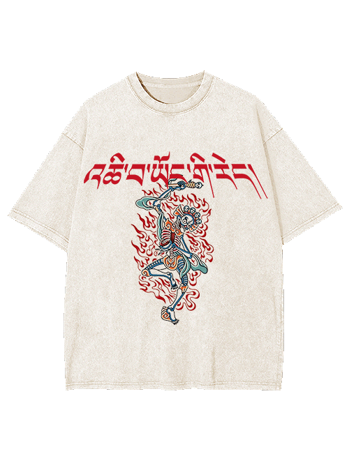 Flaming Skeleton Warrior Washed Tshirt