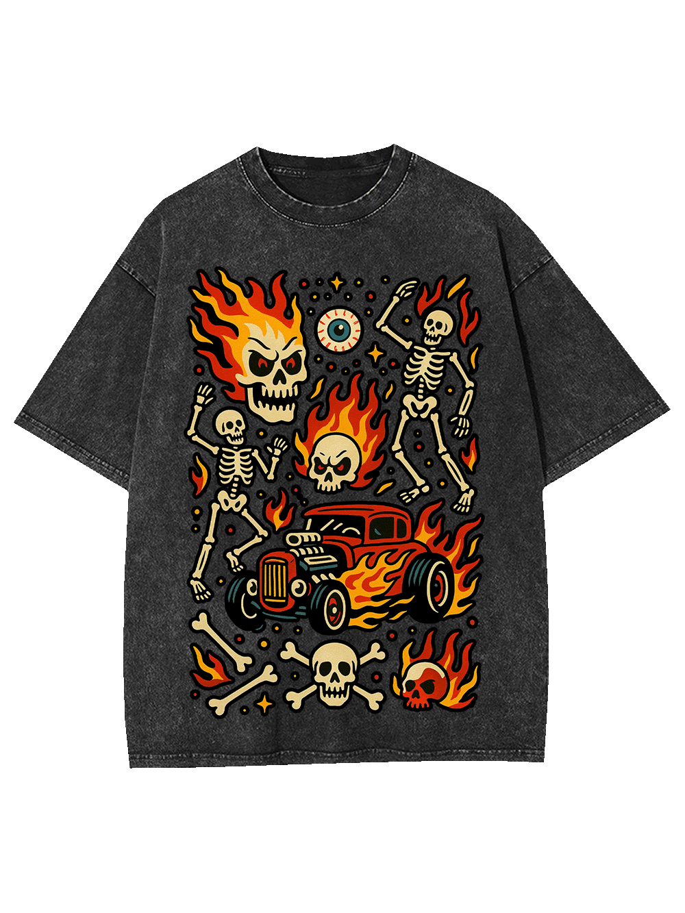 Flaming Skeleton Ride Washed Tshirt