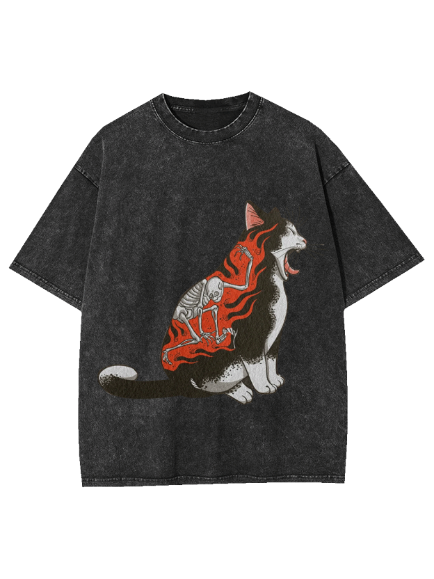 Flaming Skeleton Cat Washed Tshirt