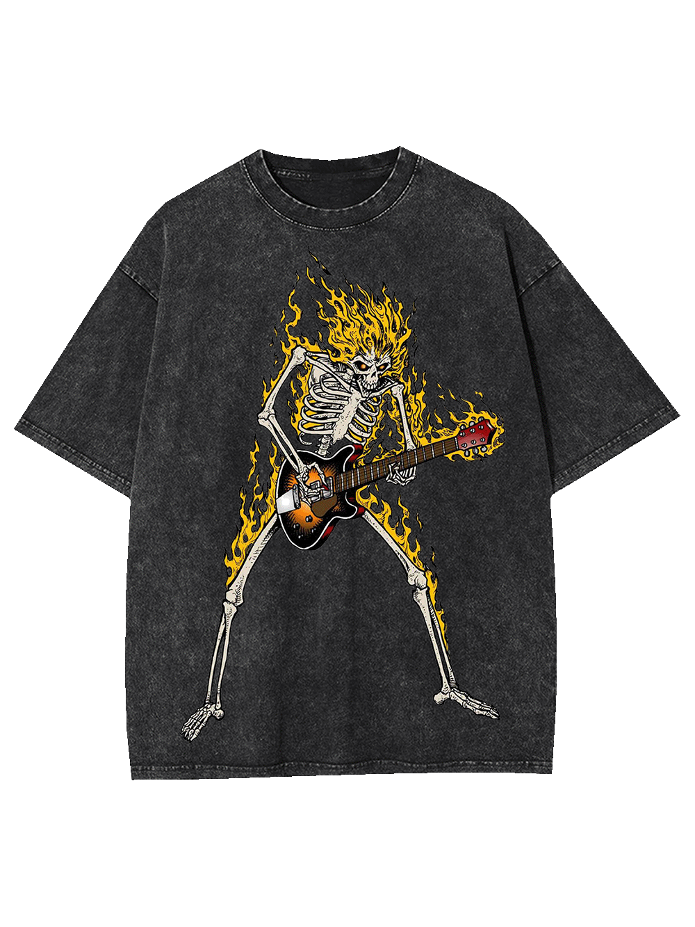 Flaming Skeleton Guitarist Washed Tshirt