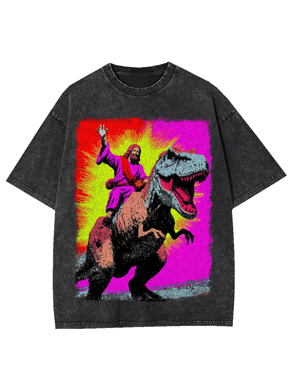 Jesus Riding Godzilla Washed Tshirt