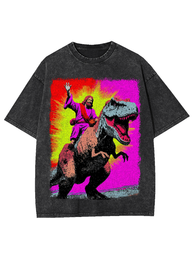 Jesus Riding Godzilla Washed Tshirt