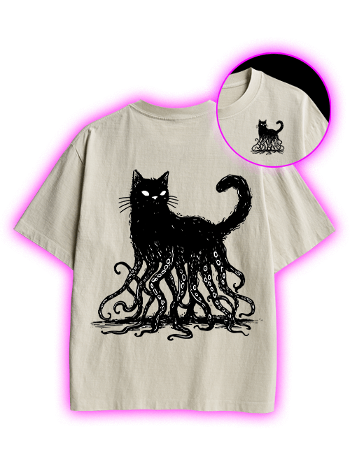 Octopus Tentacle Cat Double Sided Print Washed TShirt