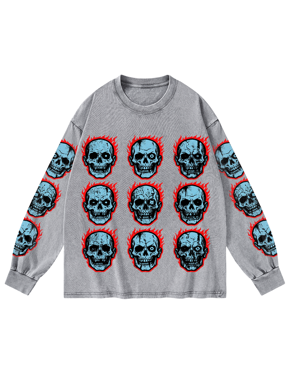 SKULL GRID WASHED LONG-SLEEVE GRAPHIC TSHIRT