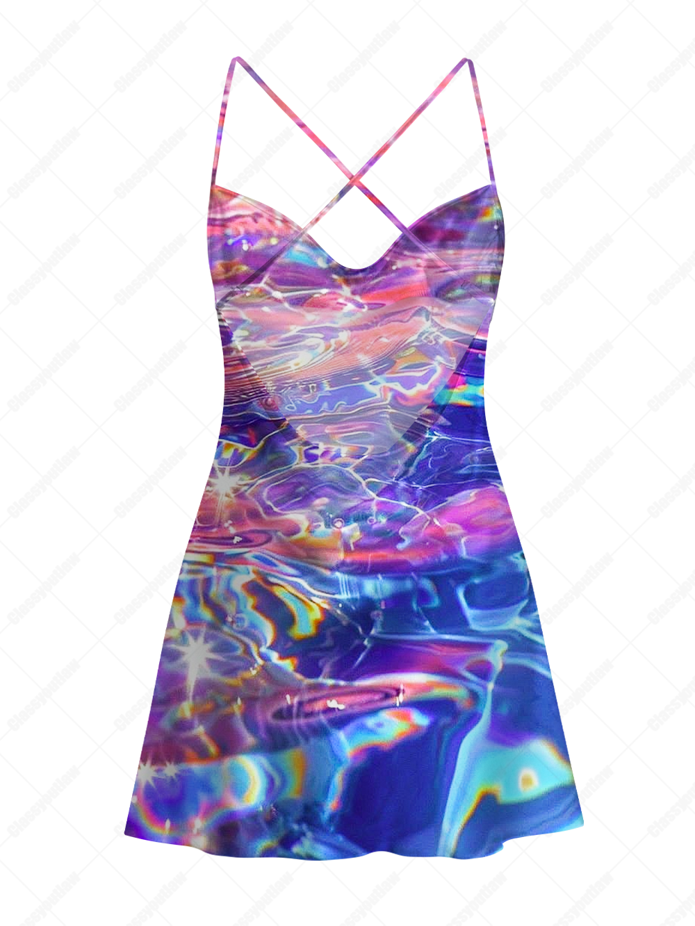 HOLOGRAPHIC SLIP SATIN CROSS BACK MINI DRESS