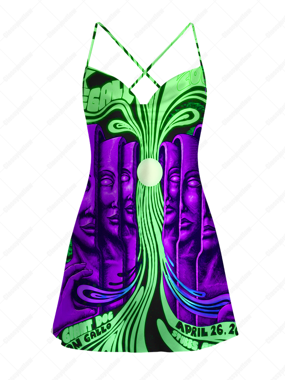 PSYCHEDELIC FACES SATIN CROSS BACK MINI DRESS