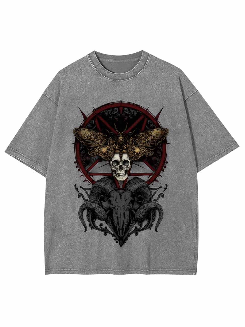 Dark Gothic Skull Goat Head Washed Tshirt