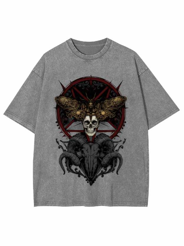 Dark Gothic Skull Goat Head Washed Tshirt