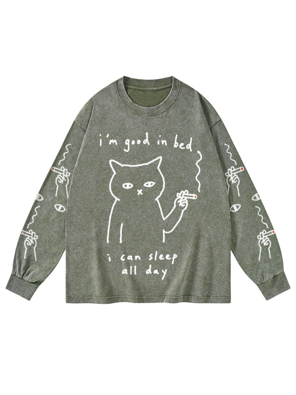 I'M GOOD IN BED WASHED LONG-SLEEVE GRAPHIC TSHIRT
