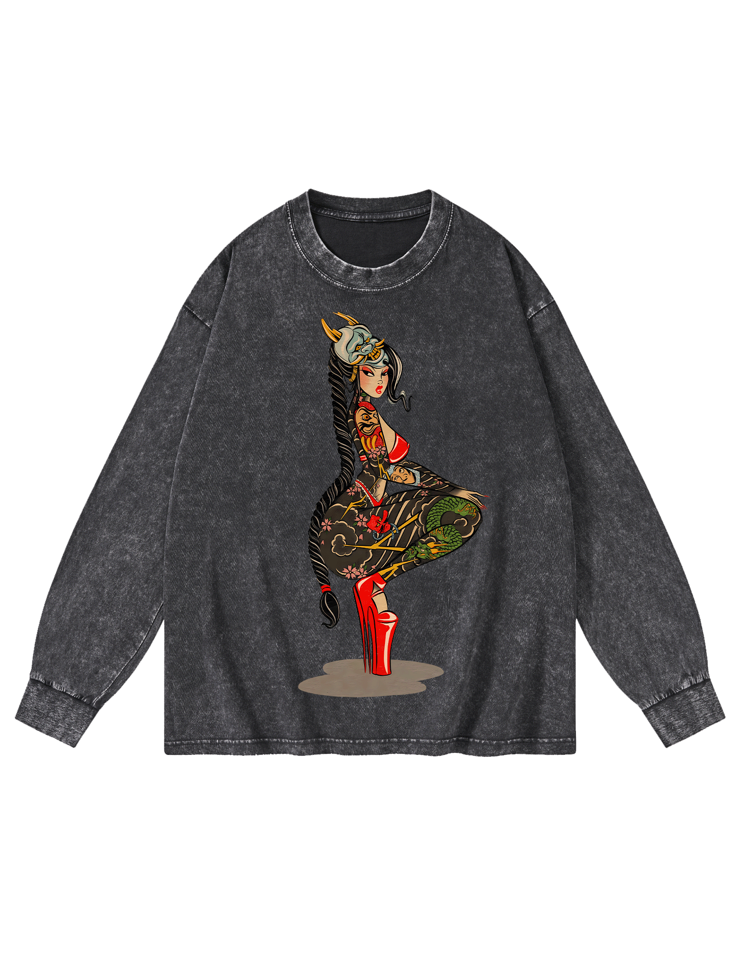 TATTOOED WARRIOR WASHED LONG-SLEEVE TSHIRT