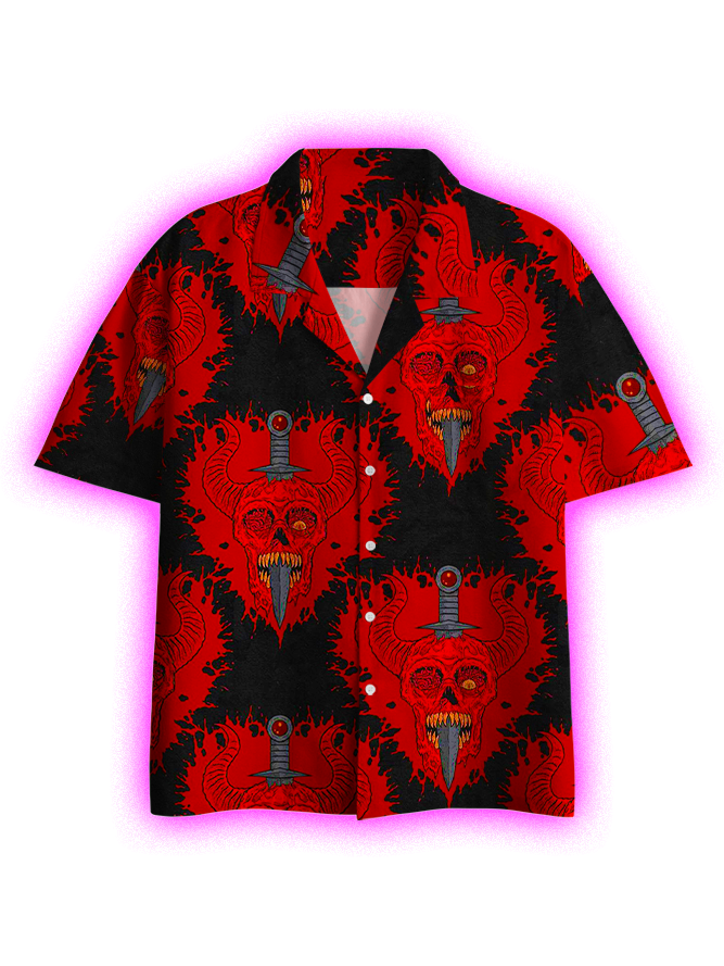Demonic Skulls And Daggers Button Up Pocket Shirt