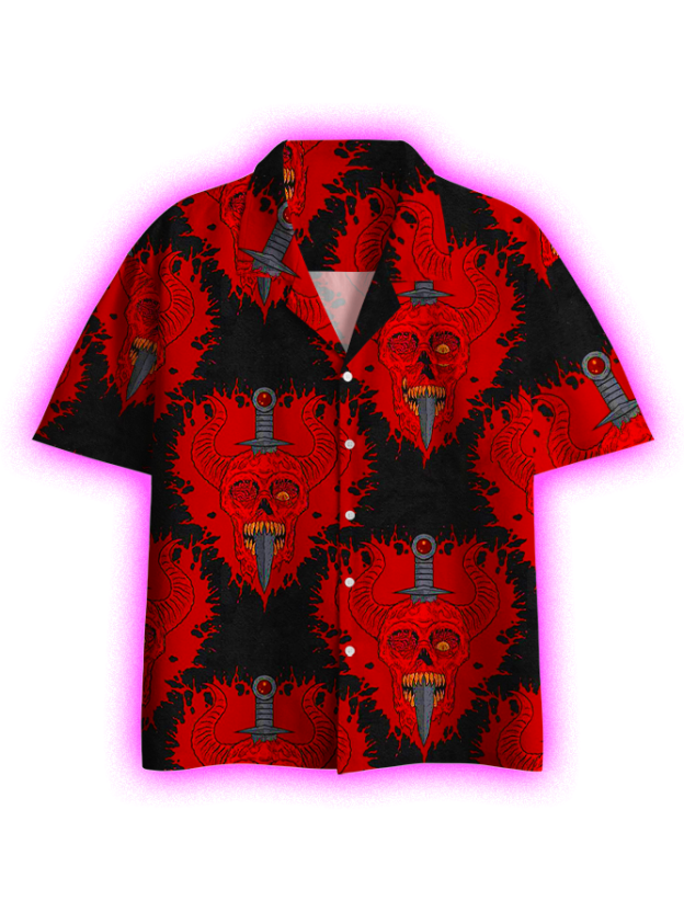 Demonic Skulls And Daggers Button Up Pocket Shirt