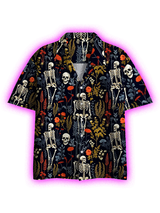 Floral Skeleton Aesthetic Button Up Pocket Shirt