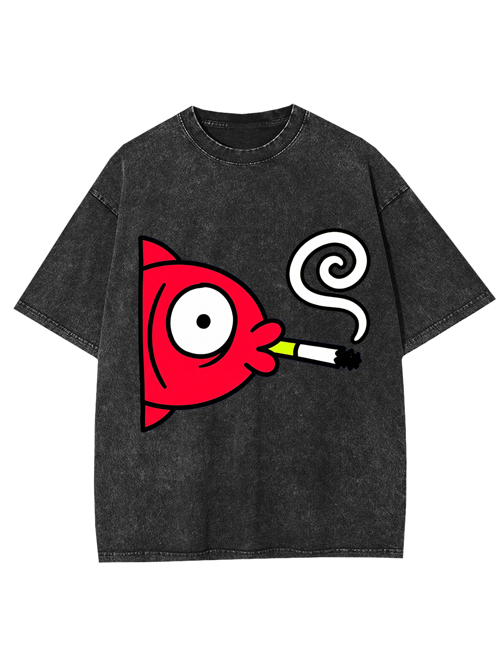 CARTOON RED FISH SMOKING CIGARETTE WASHED TSHIRT