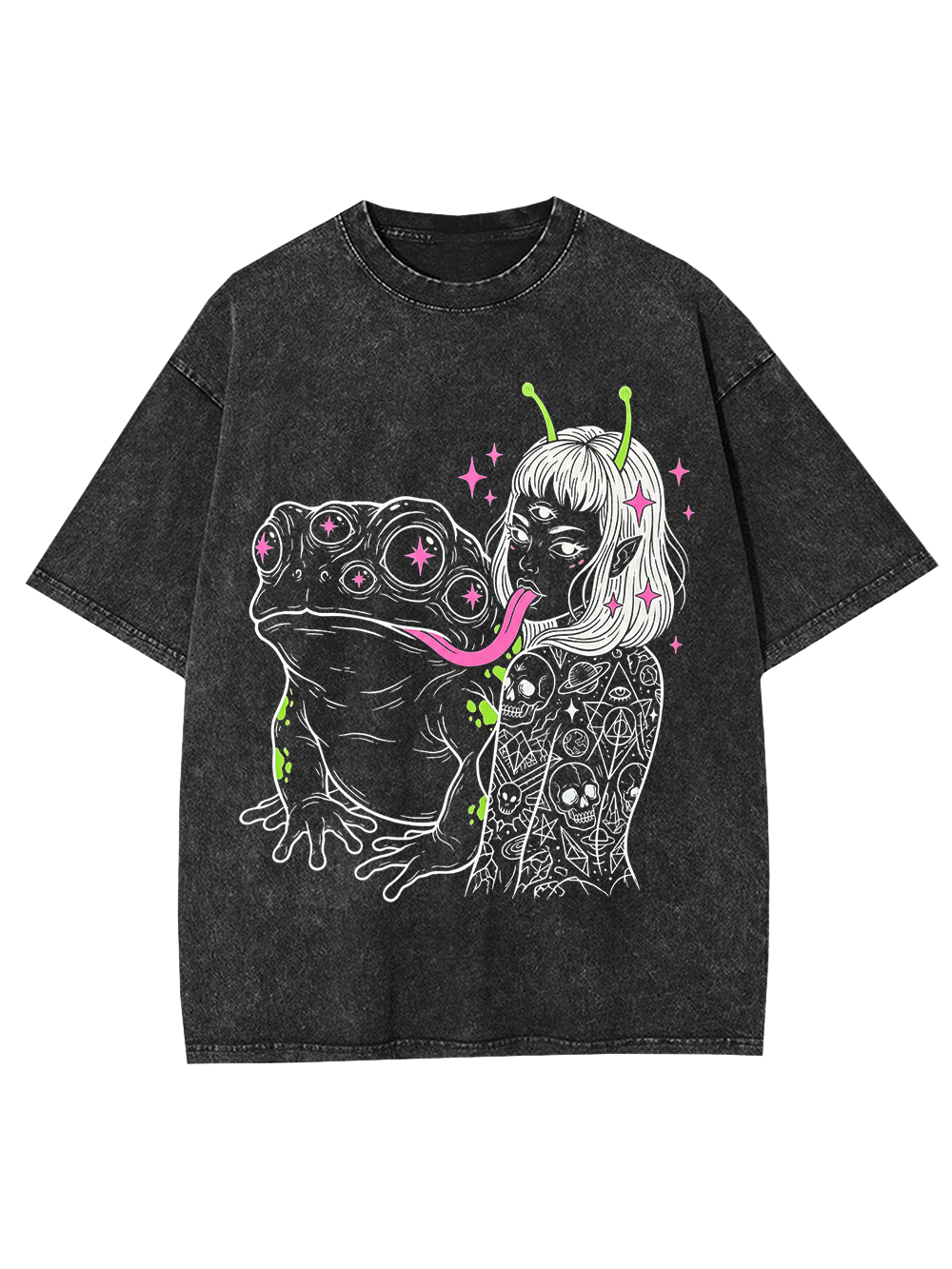 ALIEN GIRL AND MUTANT FROG TONGUE WASHED TSHIRT