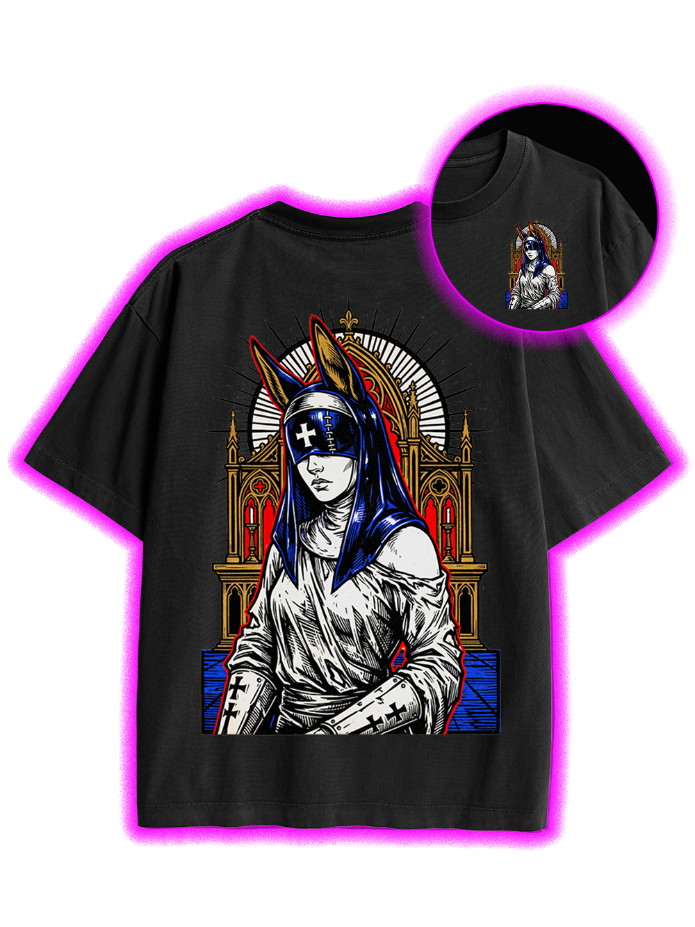 GOTHIC NUN WITH BUNNY EARS CHURCH DOUBLE SIDED PRINT WASHED TSHIRT