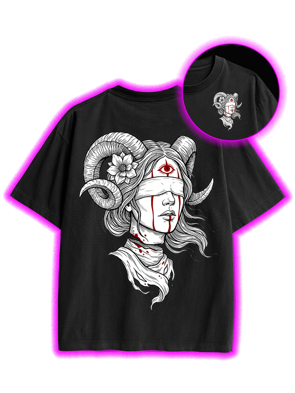 RAM HORN GIRL BLOODY NECK DOUBLE SIDED PRINT WASHED TSHIRT