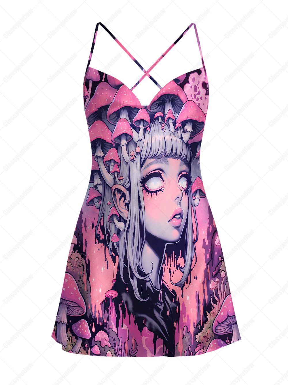 FUNGAL REVERIE SATIN CROSS BACK MINI DRESS