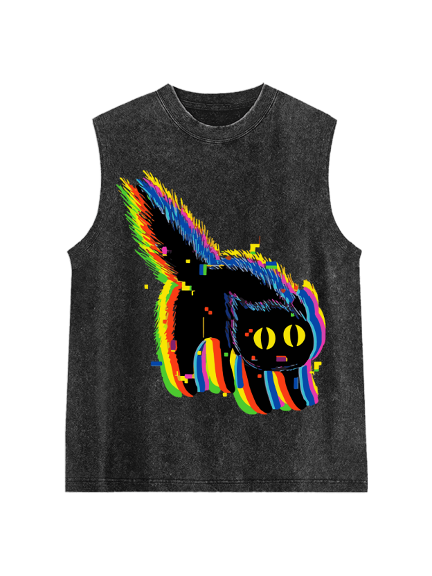 Glitchy Neon Cat Washed Tank Top