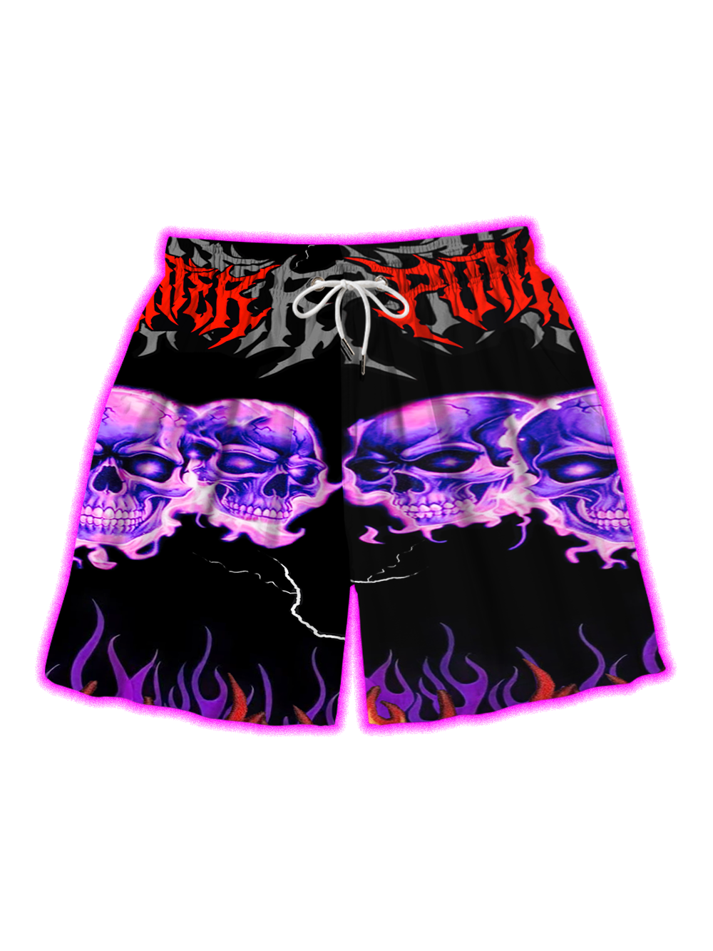 PURPLE FLAMING SKULL INFERNO ALL OVER PRINT SHORTS