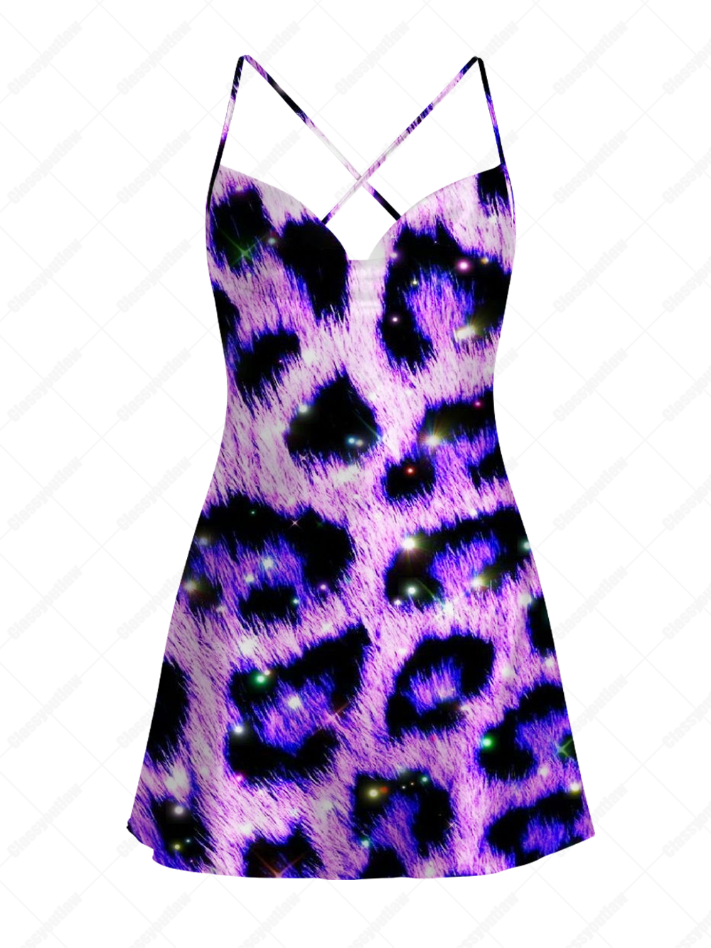 NEON PURPLE LEOPARD SATIN CROSS BACK MINI DRESS