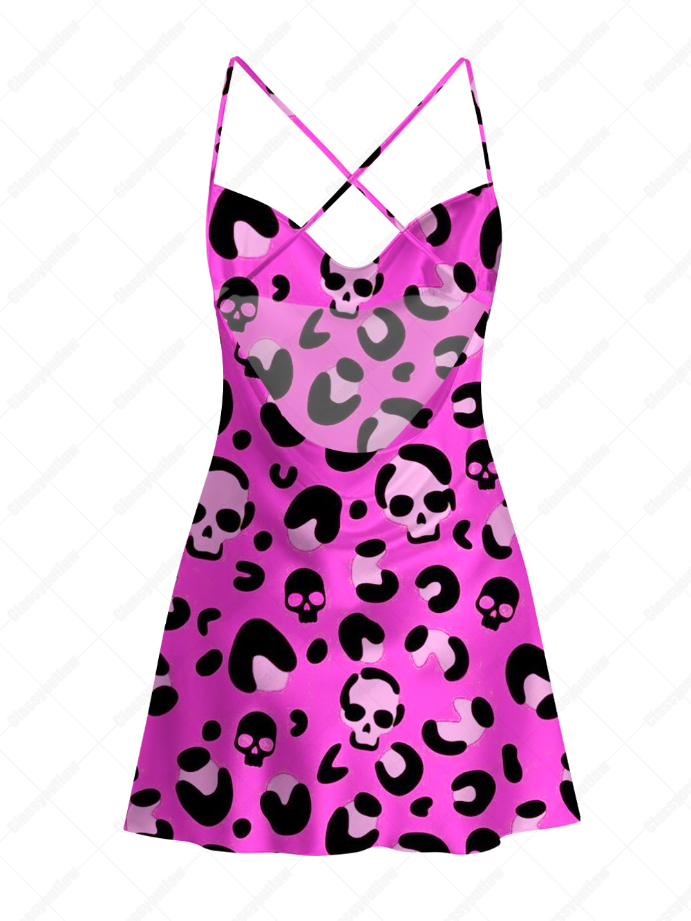 PINK LEOPARD SKULL SATIN CROSS BACK MINI DRESS