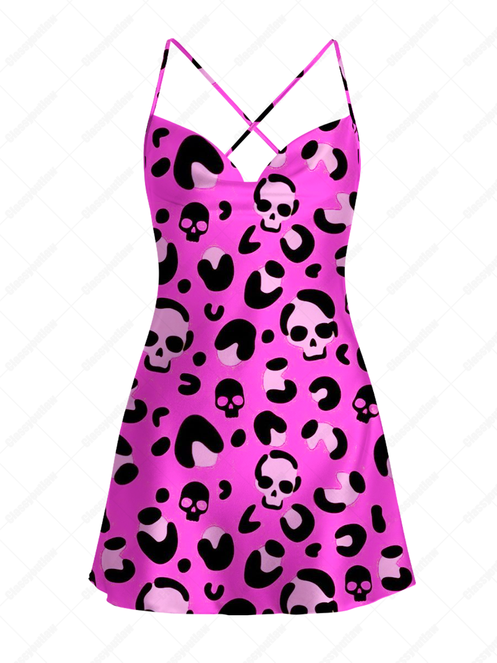 PINK LEOPARD SKULL SATIN CROSS BACK MINI DRESS