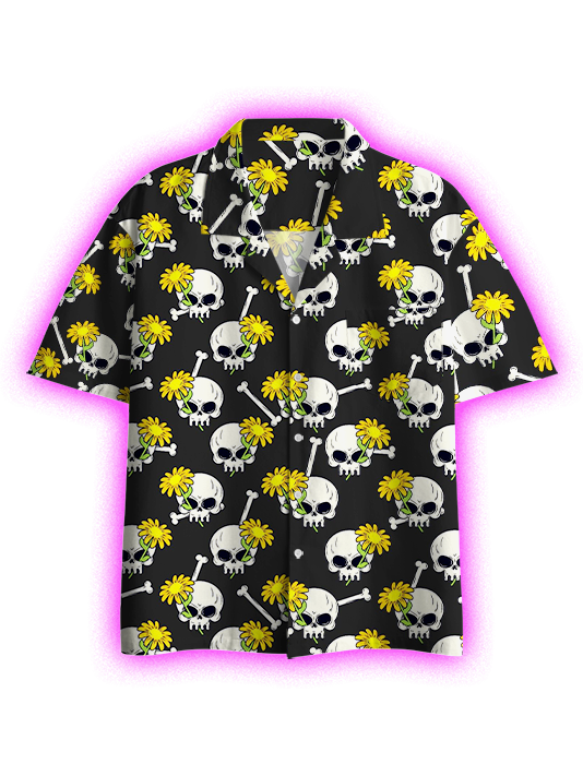 Skulls and Sunflowers Button Up Pocket Shirt