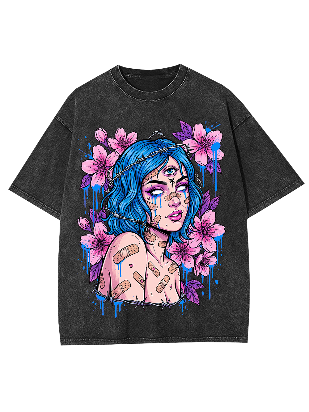 BLUE HAIRED BLOSSOM GIRL WASHED TSHIRT