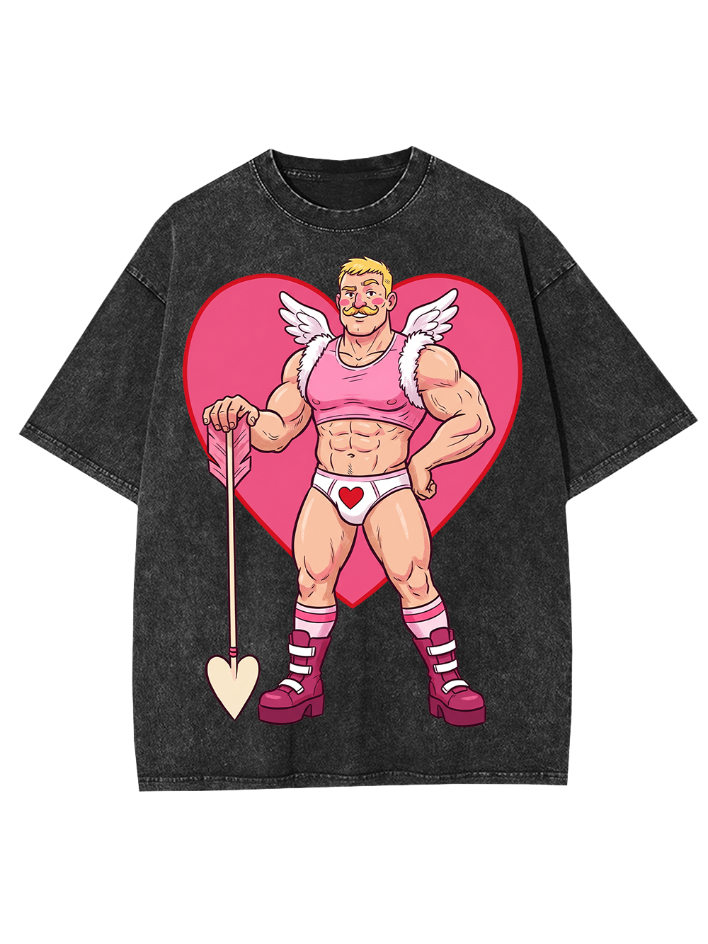 MUSCULAR CUPID IN PINK HEART OUTFIT WASHED TSHIRT