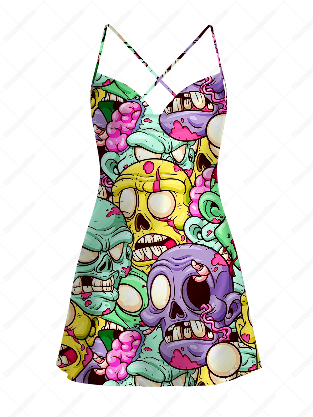 NEON ZOMBIE SKULLS SATIN CROSS BACK MINI DRESS