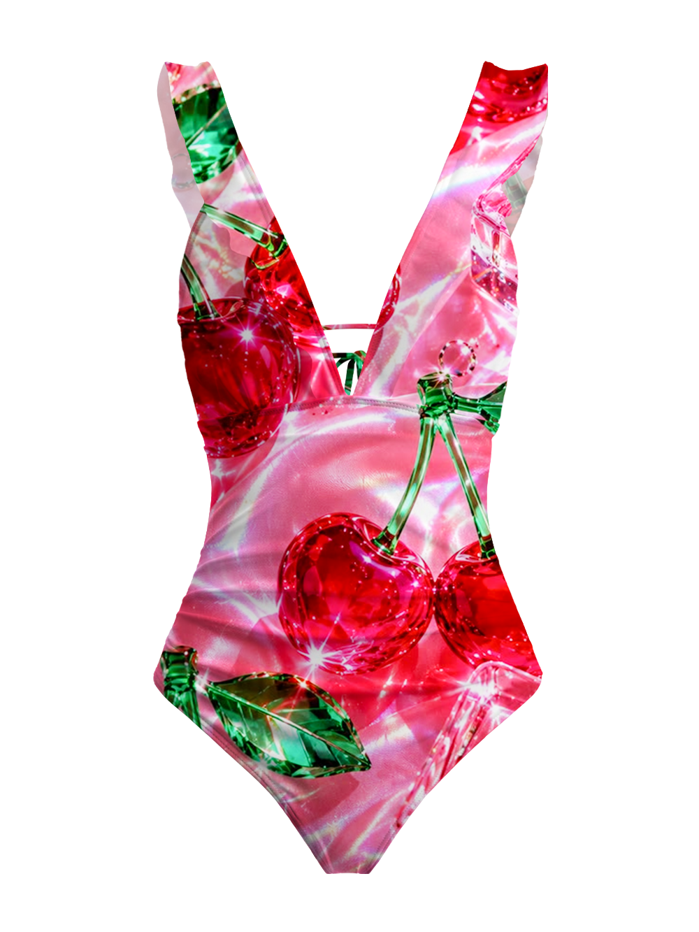 SPARKLING CHERRIES V-NECK ONE PIECE SWIMSUIT
