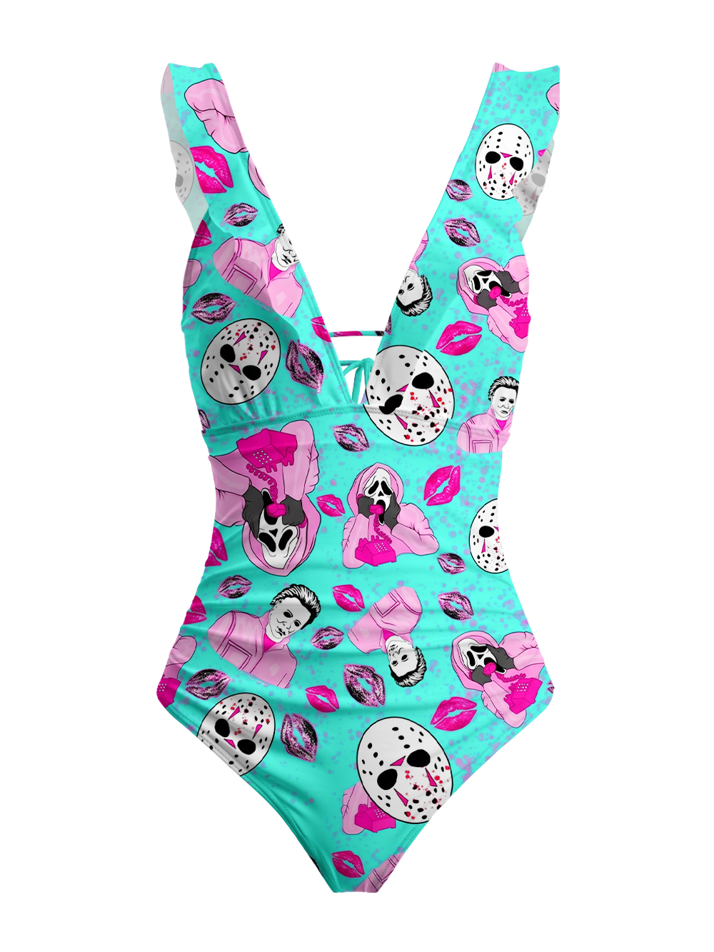 PINK HORROR ICONS V-NECK ONE PIECE SWIMSUIT