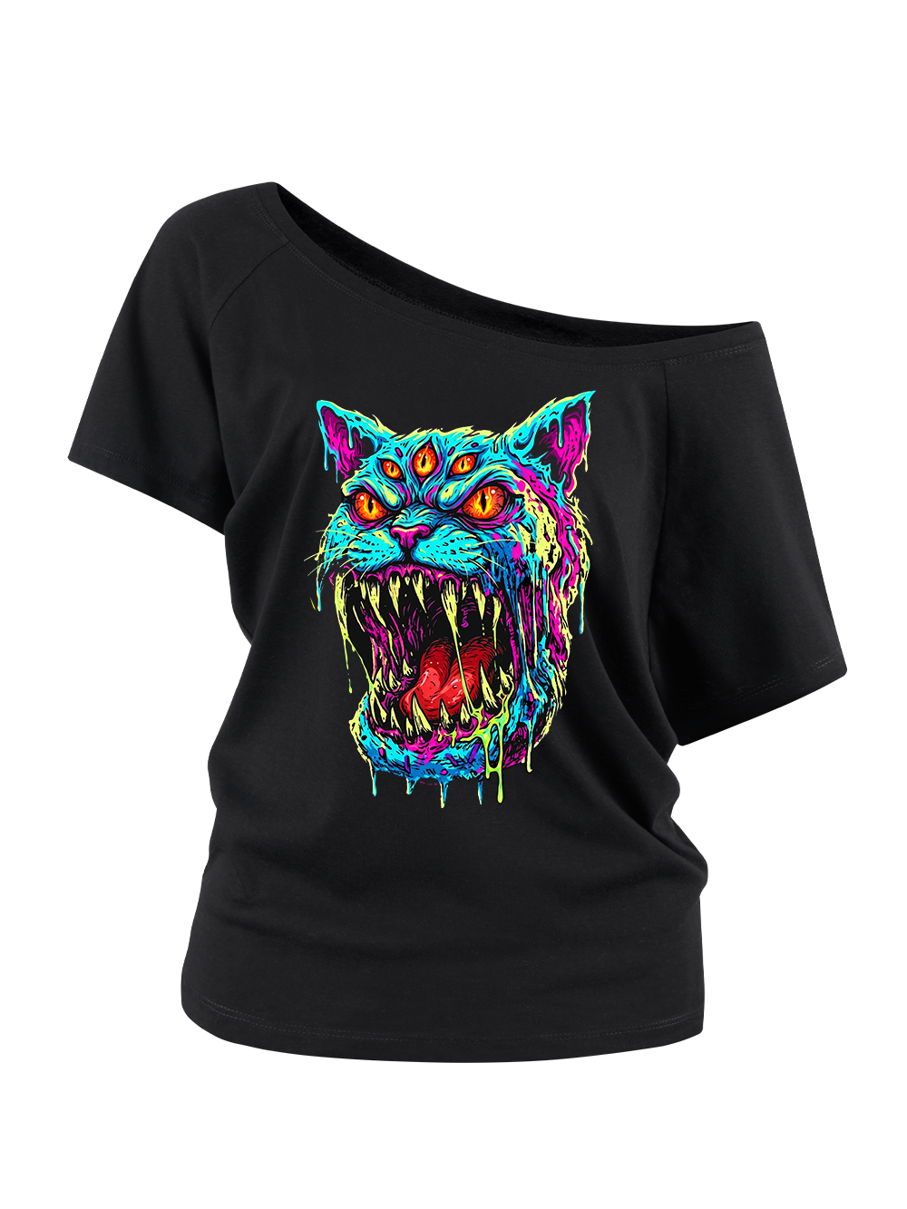 NEON DEMON CAT OFF SHOULDER TSHIRT