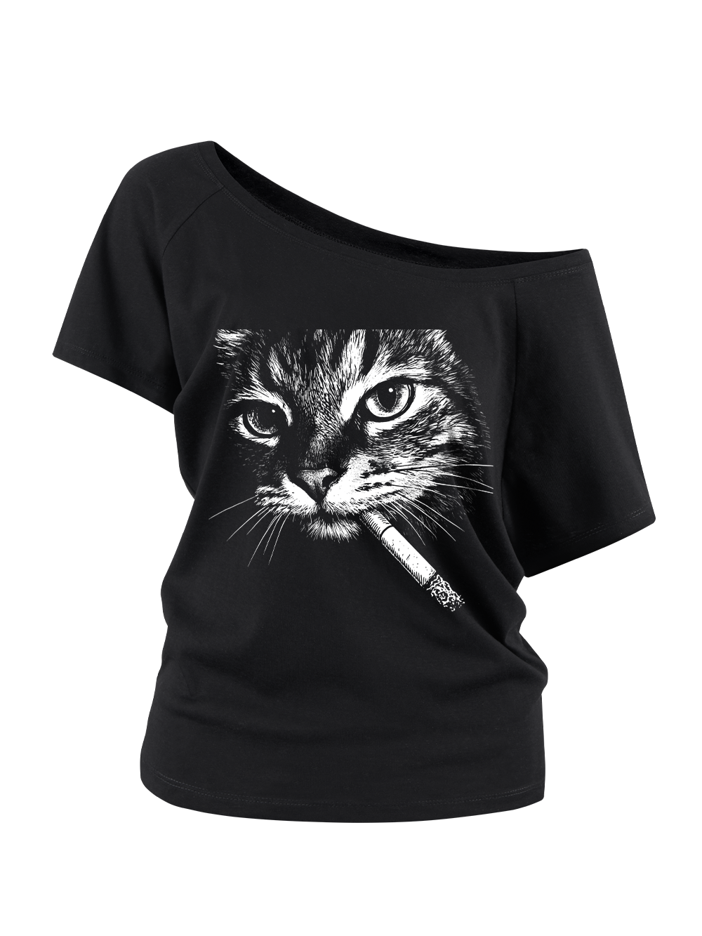 CAT WITH CIGARETTE OFF SHOULDER TSHIRT