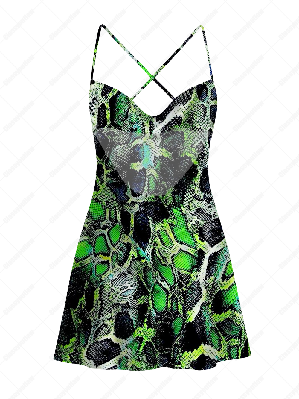 GREEN SNAKESKIN SATIN CROSS BACK MINI DRESS