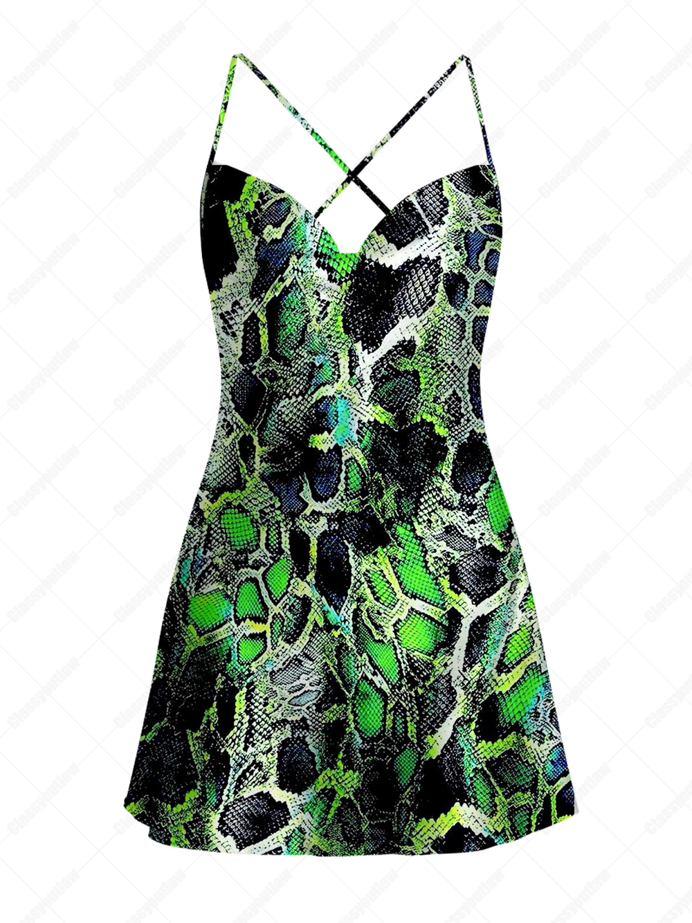GREEN SNAKESKIN SATIN CROSS BACK MINI DRESS