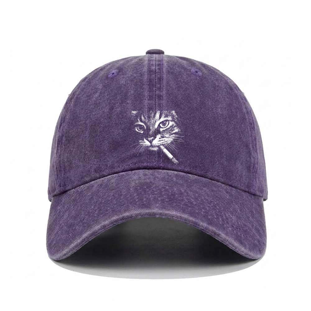 CAT WITH CIGARETTE WASHED VINTAGE BASEBALL CAP