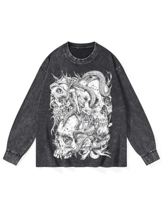 Skulls Washed Long-Sleeve Tshirt-ClassyOutlaw