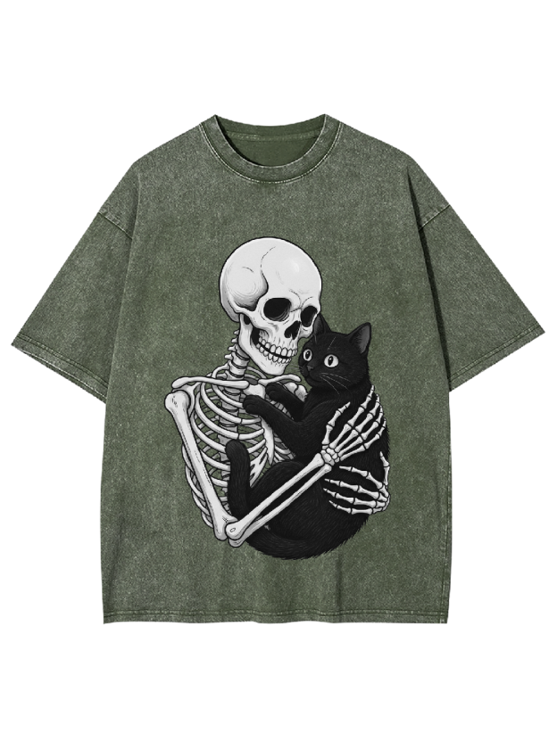 Skeleton & Black Cat Washed Tshirt
